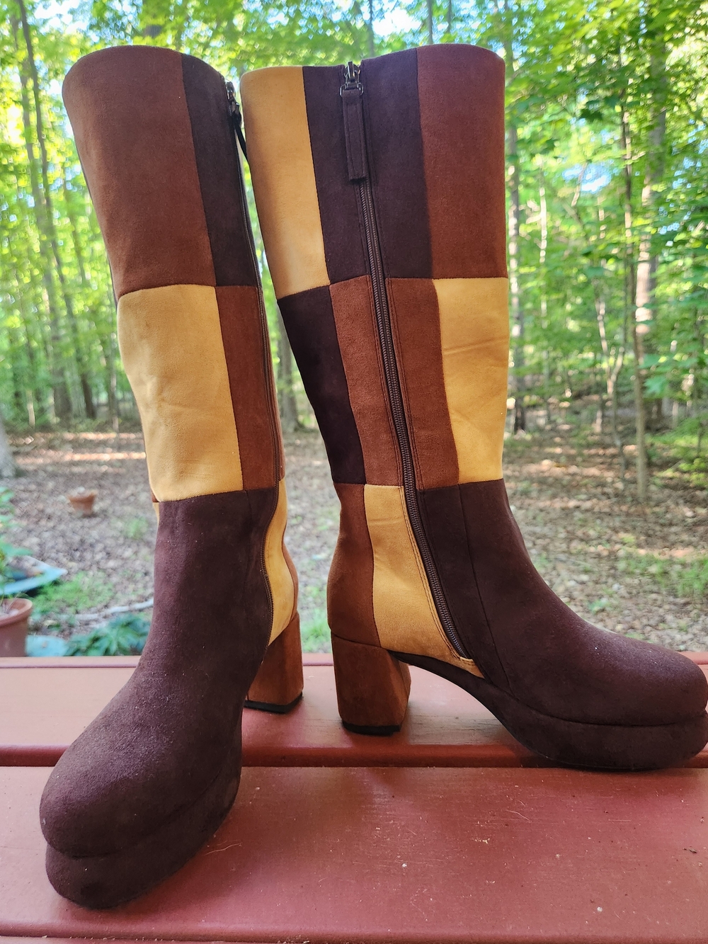 Women’s Patchwork Brown Faux Suede Block Heel Knee Boots